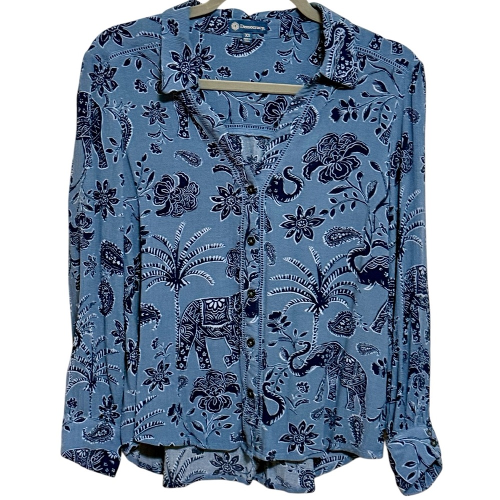 Democracy X-Small Blue Tropical Palms and‎ Elephants Button Front Boho Cuffs